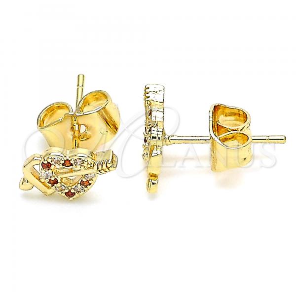 Oro Laminado Stud Earring, Gold Filled Style Heart Design, with Garnet and White Micro Pave, Polished, Golden Finish, 02.233.0050.1