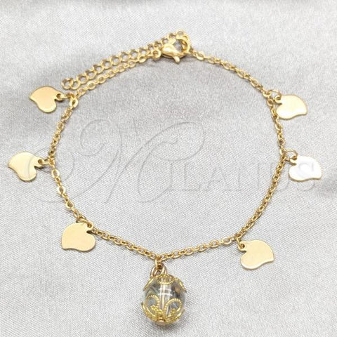 Stainless Steel Solid Bracelet, Heart and Ball Design, with White Crystal, Polished, Golden Finish, 03.63.22983.08