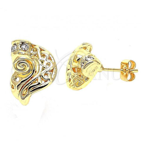Oro Laminado Stud Earring, Gold Filled Style Leaf Design, with White Crystal, Polished, Golden Finish, 02.59.0037