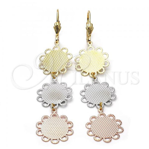 Oro Laminado Long Earring, Gold Filled Style Flower Design, Diamond Cutting Finish, Tricolor, 5.069.005