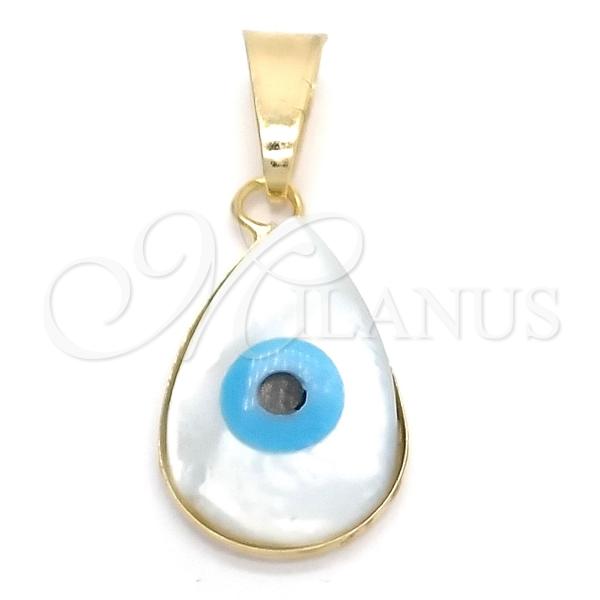 Oro Laminado Fancy Pendant, Gold Filled Style Evil Eye and Teardrop Design, with Ivory Mother of Pearl, Light Blue Polished, Golden Finish, 05.32.0084