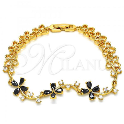 Oro Laminado Fancy Bracelet, Gold Filled Style Flower Design, with Black and White Cubic Zirconia, Polished, Golden Finish, 03.210.0107.07