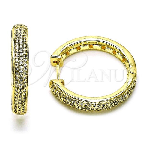 Oro Laminado Huggie Hoop, Gold Filled Style Heart Design, with White Micro Pave, Polished, Golden Finish, 02.213.0589.30