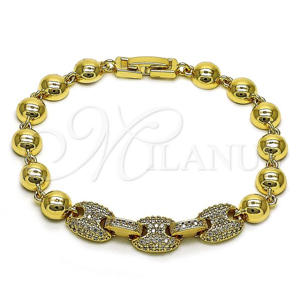 Oro Laminado Fancy Bracelet, Gold Filled Style Puff Mariner Design, with White Micro Pave, Polished, Golden Finish, 03.283.0465.07