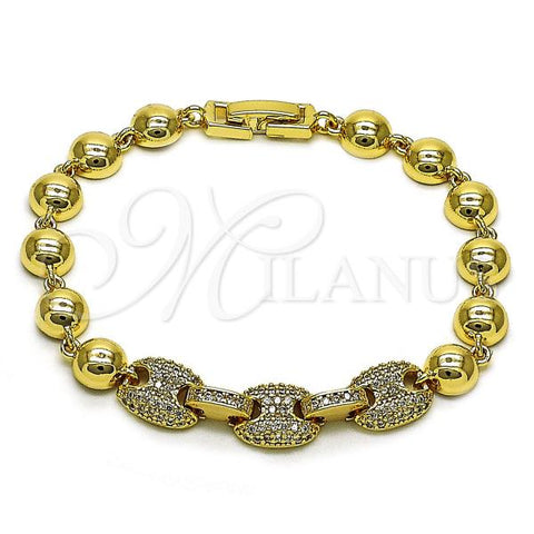 Oro Laminado Fancy Bracelet, Gold Filled Style Puff Mariner Design, with White Micro Pave, Polished, Golden Finish, 03.283.0465.07