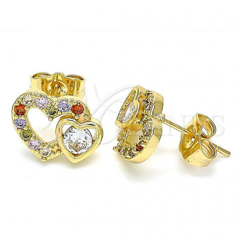 Oro Laminado Stud Earring, Gold Filled Style Heart Design, with Multicolor Cubic Zirconia, Polished, Golden Finish, 02.210.0443.2