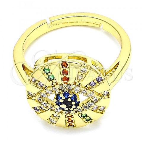 Oro Laminado Multi Stone Ring, Gold Filled Style Evil Eye Design, with Multicolor Micro Pave, Polished, Golden Finish, 01.368.0016 (One size fits all)