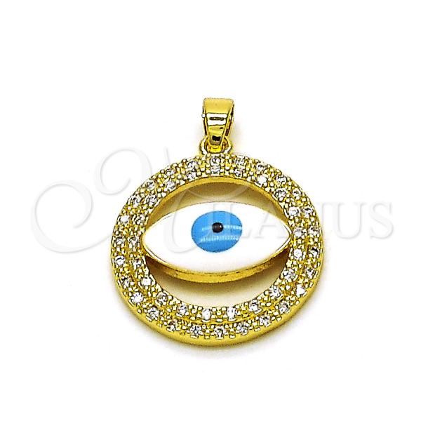 Oro Laminado Fancy Pendant, Gold Filled Style Evil Eye Design, with White Micro Pave, White Enamel Finish, Golden Finish, 05.411.0018