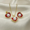 Oro Laminado Earring and Pendant Adult Set, Gold Filled Style Heart Design, with Ivory Pearl, Red Enamel Finish, Golden Finish, 10.379.0048.2