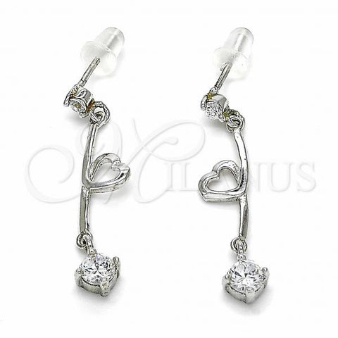 Sterling Silver Long Earring, Heart Design, with White Cubic Zirconia, Polished, Rhodium Finish, 02.367.0023