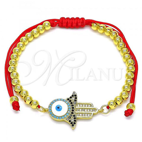 Oro Laminado Adjustable Bolo Bracelet, Gold Filled Style Hand of God and Ball Design, with Multicolor Micro Pave, White Enamel Finish, Golden Finish, 03.381.0007.11