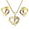 Oro Laminado Earring and Pendant Adult Set, Gold Filled Style Heart Design, with Multicolor Cubic Zirconia, Polished, Golden Finish, 10.210.0156.2