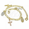 Oro Laminado Charm Bracelet, Gold Filled Style Guadalupe and Crucifix Design, Diamond Cutting Finish, Tricolor, 03.351.0076.07