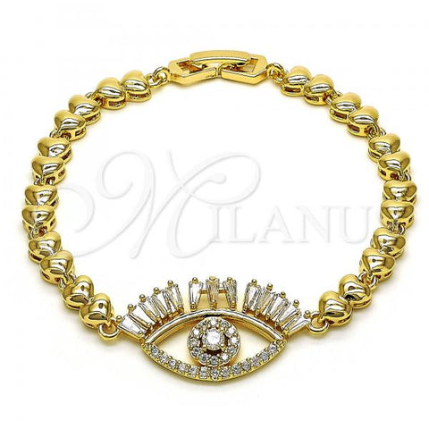Oro Laminado Fancy Bracelet, Gold Filled Style Evil Eye and Heart Design, with White Cubic Zirconia and White Micro Pave, Polished, Golden Finish, 03.283.0243.07