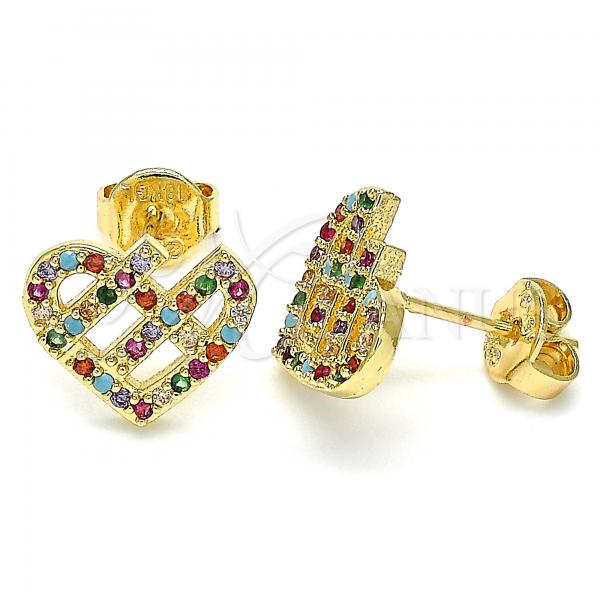 Oro Laminado Stud Earring, Gold Filled Style Heart Design, with Multicolor Micro Pave, Polished, Golden Finish, 02.233.0023