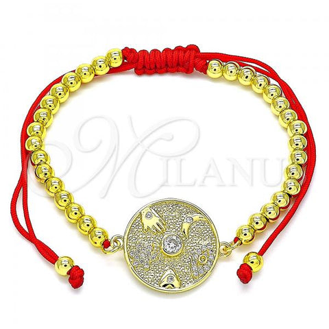 Oro Laminado Adjustable Bolo Bracelet, Gold Filled Style Evil Eye and Moon Design, with White Micro Pave and White Cubic Zirconia, Polished, Golden Finish, 03.368.0040.11