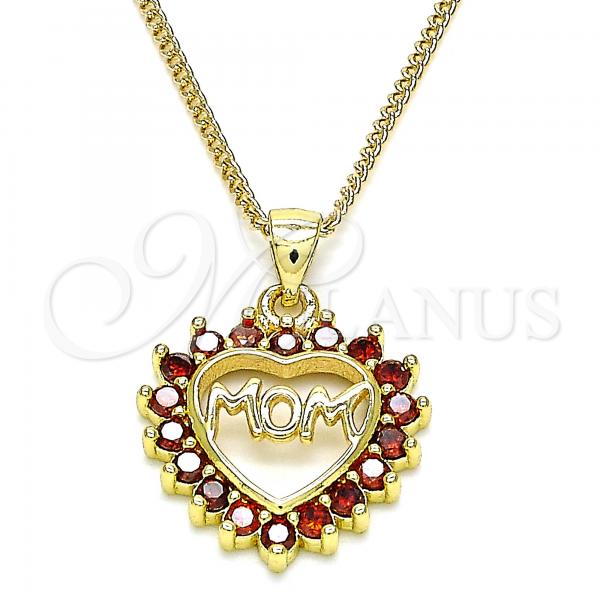 Oro Laminado Pendant Necklace, Gold Filled Style Mom and Heart Design, with Garnet Cubic Zirconia, Polished, Golden Finish, 04.156.0092.2.20