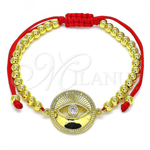 Oro Laminado Adjustable Bolo Bracelet, Gold Filled Style Evil Eye and Ball Design, with White Micro Pave and White Cubic Zirconia, Polished, Golden Finish, 03.368.0042.11