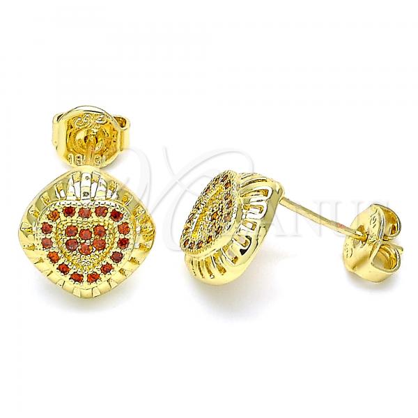 Oro Laminado Stud Earring, Gold Filled Style Heart Design, with Garnet Micro Pave, Polished, Golden Finish, 02.156.0472.2