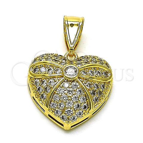 Oro Laminado Fancy Pendant, Gold Filled Style Heart and Bow Design, with White Micro Pave and White Cubic Zirconia, Polished, Golden Finish, 05.411.0027