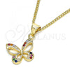 Oro Laminado Pendant Necklace, Gold Filled Style Butterfly Design, with Multicolor Micro Pave, Polished, Golden Finish, 04.156.0317.3.20