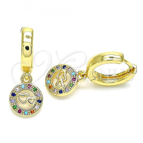 Oro Laminado Huggie Hoop, Gold Filled Style Heart Design, with Multicolor Micro Pave, Polished, Golden Finish, 02.210.0531.1.15