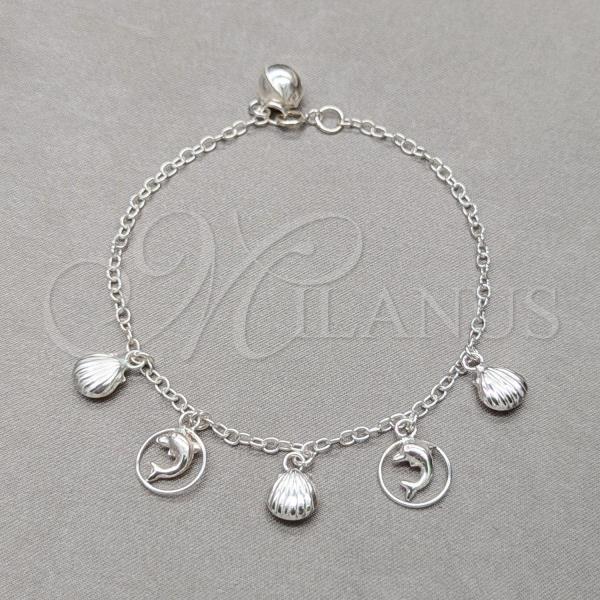 Sterling Silver Fancy Bracelet, Shell and Dolphin Design, Polished, Silver Finish, 03.409.0125.07