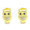 Sterling Silver Stud Earring, Owl Design, with Black and White Cubic Zirconia, Polished, Golden Finish, 02.336.0143.2