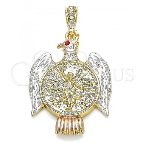 Oro Laminado Religious Pendant, Gold Filled Style Centenario Coin and Angel Design, with Garnet Crystal, Polished, Tricolor, 05.351.0145.1