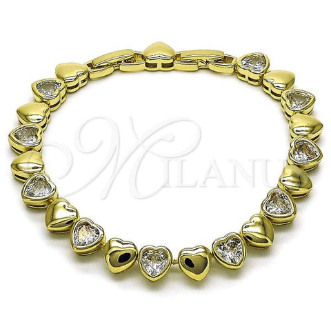Oro Laminado Tennis Bracelet, Gold Filled Style Heart Design, with White Cubic Zirconia, Polished, Golden Finish, 03.213.0335.08