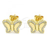 Oro Laminado Stud Earring, Gold Filled Style Butterfly Design, with White Micro Pave, Polished, Golden Finish, 02.156.0328