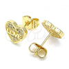 Oro Laminado Stud Earring, Gold Filled Style Heart and Love Design, with White Micro Pave, Polished, Golden Finish, 02.156.0504