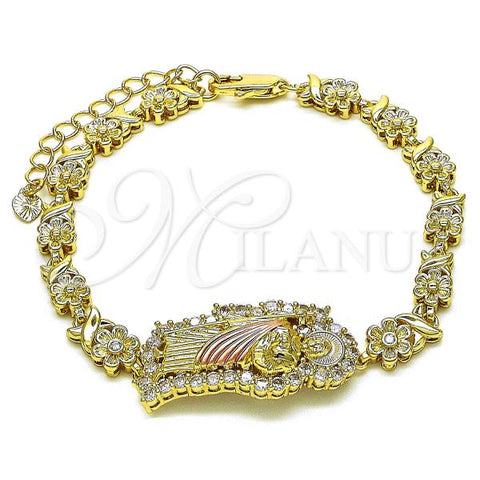 Oro Laminado Solid Bracelet, Gold Filled Style San Judas and Hugs and Kisses Design, with White Cubic Zirconia, Polished, Tricolor, 03.411.0004.1.08