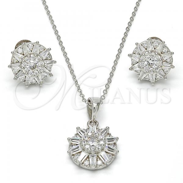 Sterling Silver Earring and Pendant Adult Set, Flower Design, with White Cubic Zirconia, Polished, Rhodium Finish, 10.286.0007