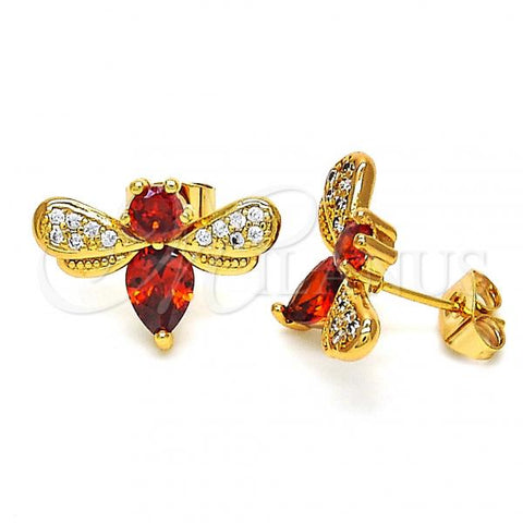 Oro Laminado Stud Earring, Gold Filled Style Bee Design, with Garnet Cubic Zirconia and White Micro Pave, Polished, Golden Finish, 02.345.0014.1