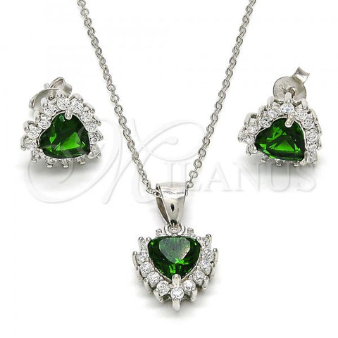 Sterling Silver Earring and Pendant Adult Set, Heart Design, with Green and White Cubic Zirconia, Polished, Rhodium Finish, 10.175.0058.3