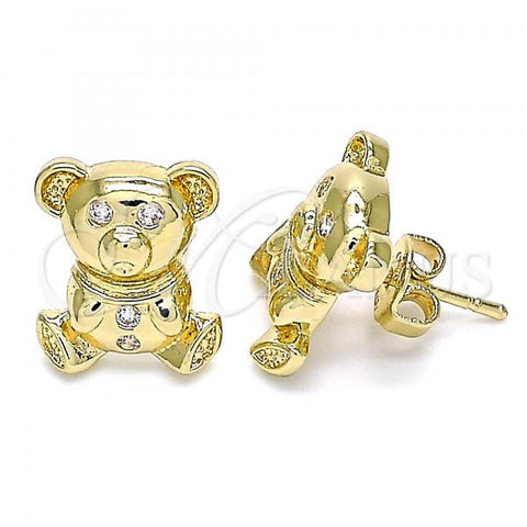 Oro Laminado Stud Earring, Gold Filled Style Teddy Bear Design, with White Cubic Zirconia, Polished, Golden Finish, 02.185.0002