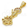 Oro Laminado Religious Pendant, Gold Filled Style San Lazaro Design, with White Cubic Zirconia, Polished, Golden Finish, 05.120.0059