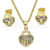 Oro Laminado Earring and Pendant Adult Set, Gold Filled Style Lock and Heart Design, with Multicolor Micro Pave, Polished, Golden Finish, 10.156.0246.3