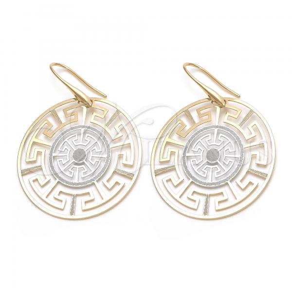 Oro Laminado Dangle Earring, Gold Filled Style Greek Key Design, Diamond Cutting Finish, Tricolor, 5.083.003