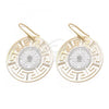 Oro Laminado Dangle Earring, Gold Filled Style Greek Key Design, Diamond Cutting Finish, Tricolor, 5.083.003