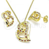 Oro Laminado Earring and Pendant Adult Set, Gold Filled Style Heart Design, with Garnet and White Micro Pave, Polished, Golden Finish, 10.195.0059.1