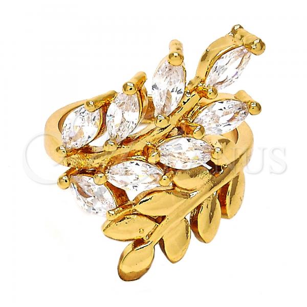 Oro Laminado Multi Stone Ring, Gold Filled Style Leaf Design, with White Cubic Zirconia, Polished, Golden Finish, 01.210.0008.07 (Size 7)
