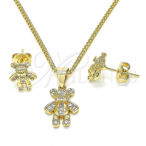 Oro Laminado Earring and Pendant Adult Set, Gold Filled Style Teddy Bear Design, with White Micro Pave, Polished, Golden Finish, 10.156.0231