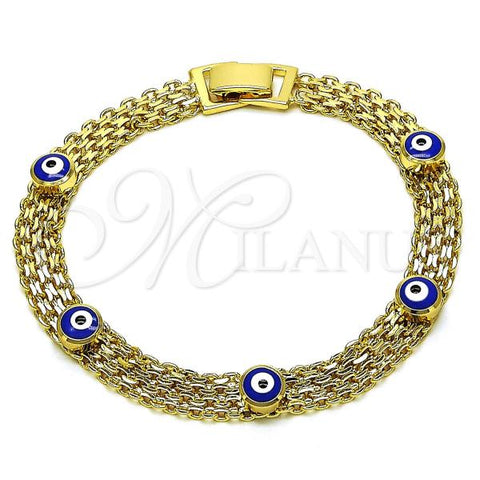 Oro Laminado Fancy Bracelet, Gold Filled Style Evil Eye and Bismark Design, Blue Enamel Finish, Golden Finish, 03.213.0157.1.08