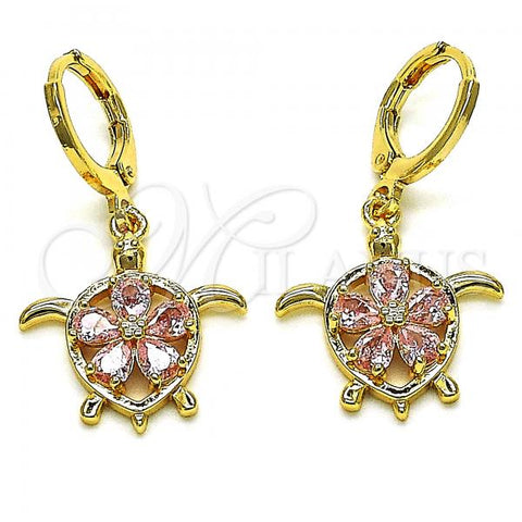 Oro Laminado Dangle Earring, Gold Filled Style Turtle and Flower Design, with Pink Cubic Zirconia, Polished, Golden Finish, 02.357.0072