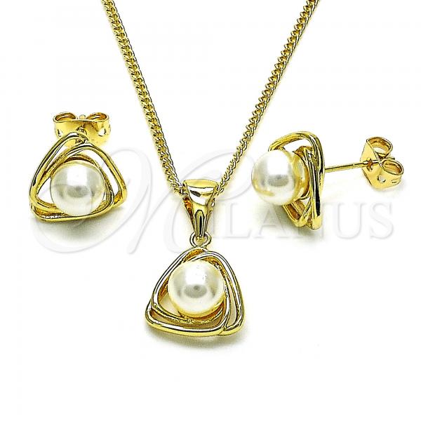 Oro Laminado Earring and Pendant Adult Set, Gold Filled Style with Ivory Pearl, Polished, Golden Finish, 10.156.0465