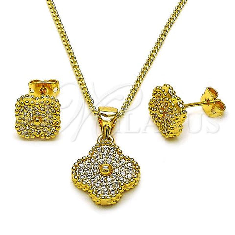 Oro Laminado Earring and Pendant Adult Set, Gold Filled Style Four-leaf Clover Design, with White Micro Pave, Polished, Golden Finish, 10.342.0194