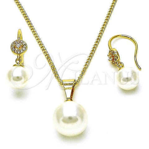 Oro Laminado Earring and Pendant Adult Set, Gold Filled Style Ball Design, with Ivory Pearl and White Micro Pave, Polished, Golden Finish, 10.195.0064