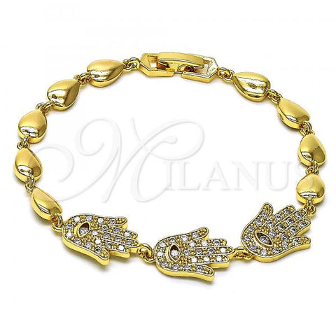Oro Laminado Fancy Bracelet, Gold Filled Style Hand of God and Teardrop Design, with White Cubic Zirconia, Polished, Golden Finish, 03.283.0126.08